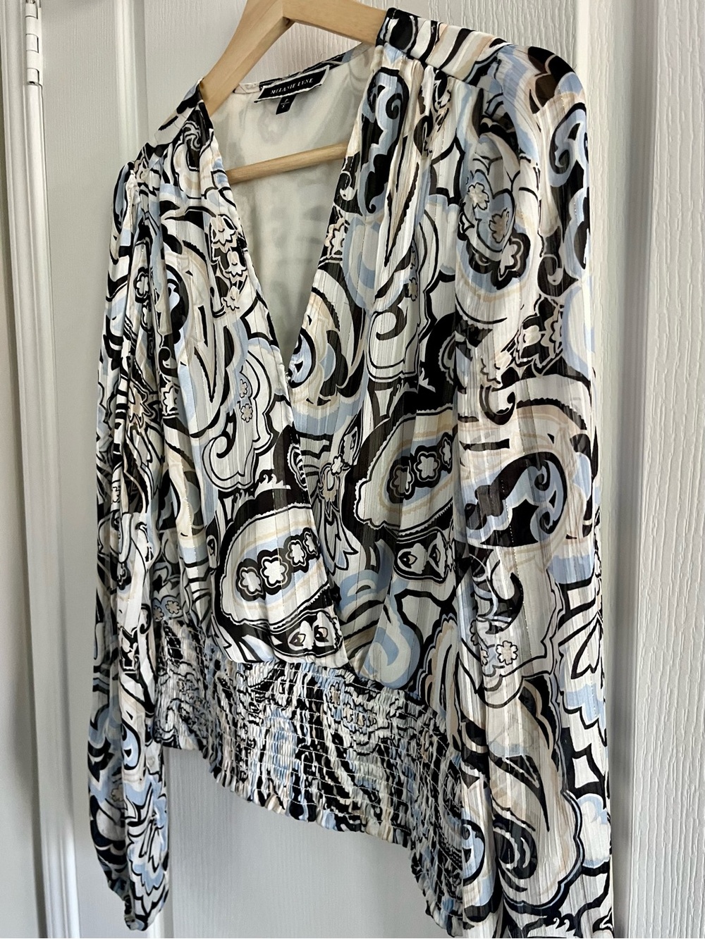 MELANIE LYNE  Sheer Paisley Smocked Blouse – Petite Small - Picture 3 of 13